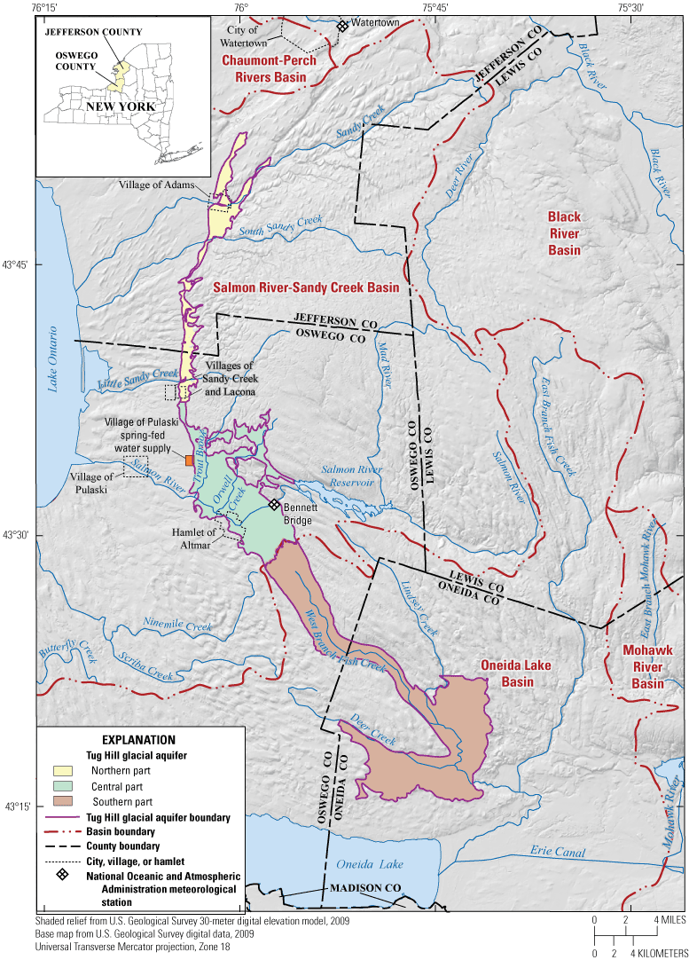 The major drainage basins in the Tug Hill glacial aquifer.