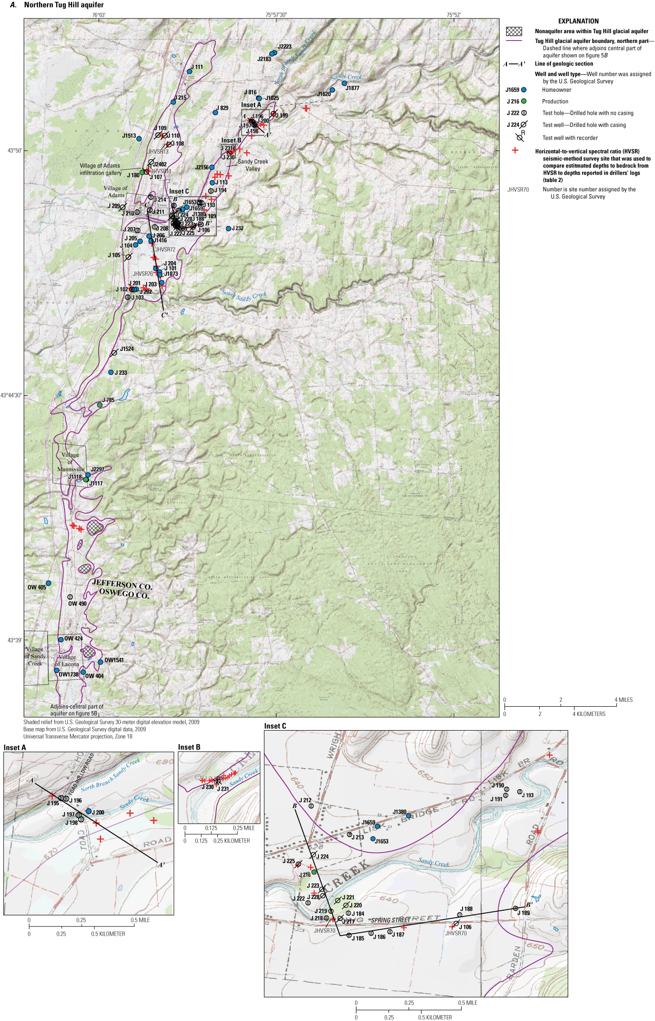 Locations of wells, seismic survey stations, and cross sections.