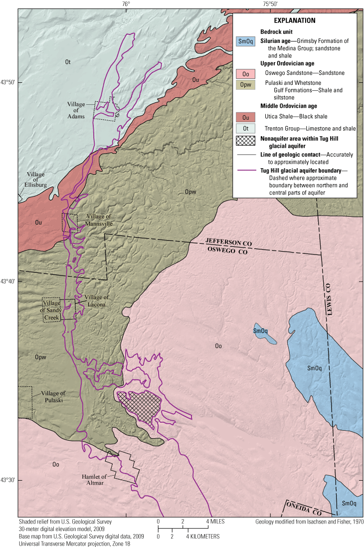 Bedrock geology underlying the Tug Hill glacial aquifer.
