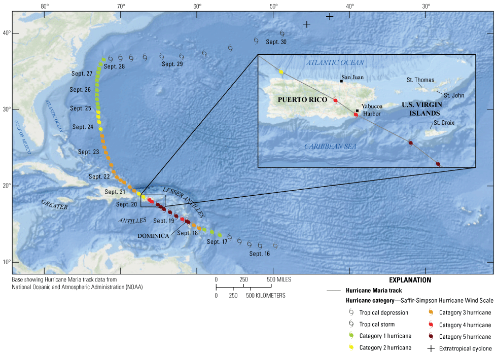 Figure 1. Map of Hurricane Maria’s track across Atlantic Basin, Caribbean Sea, Lesser
                     and Greater Antilles, including Puerto Rico.