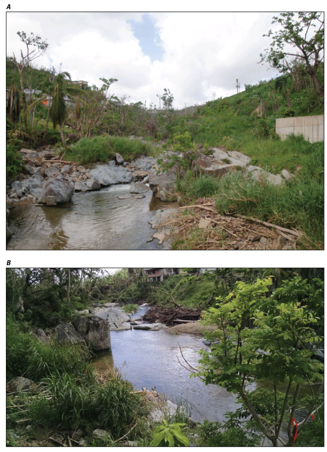 Figure 2.6. Photos of upstream and downstream conditions at Río Maunabo at Lizas station.