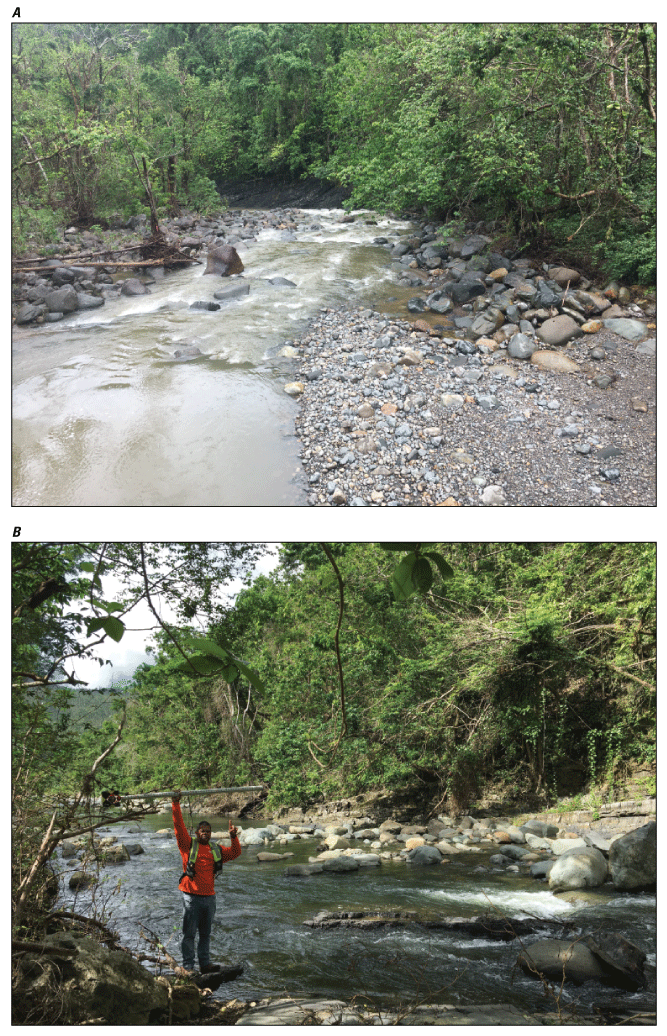 Figure 2.8. Photos of upstream and downstream conditions at Río Mameyes near Sabana
                        station.