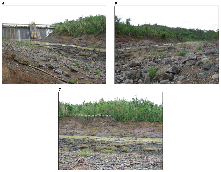 Figure 2.12. Photos of upstream and downstream conditions near Río de la Plata below
                        La Plata Damsite station.