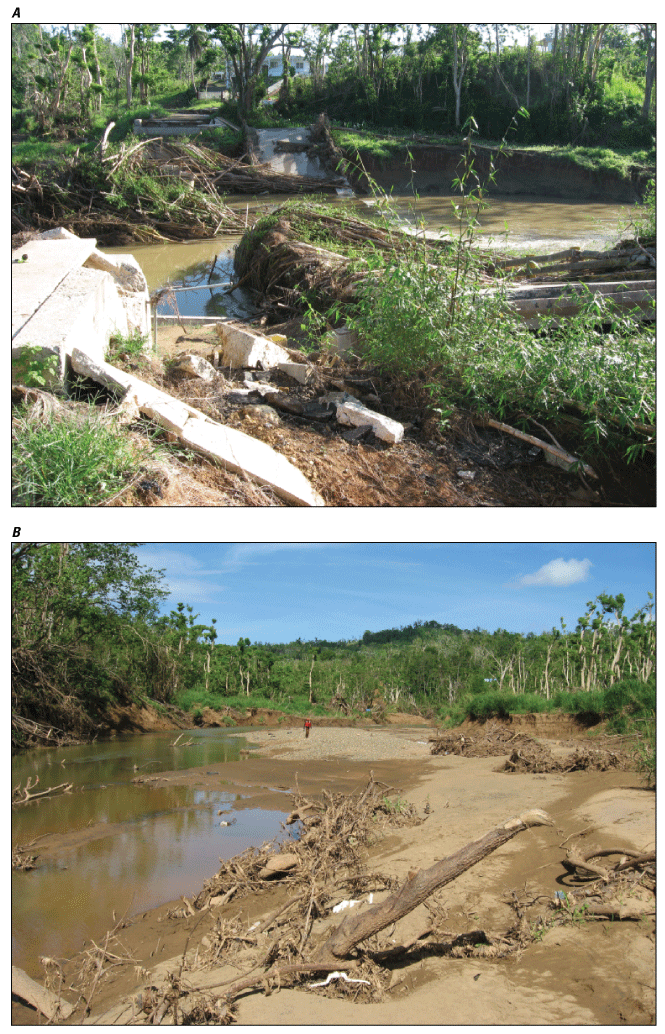 Figure 2.14. Photos of downstream conditions for Río Culebrinas at Highway 404 near
                        Moca and destroyed Highway 404 bridge.