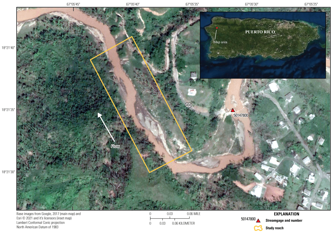 Figure 2.16. Aerial photo of study location for slope-area measurement at Río Culebrinas
                        at Highway 404 near Moca station.