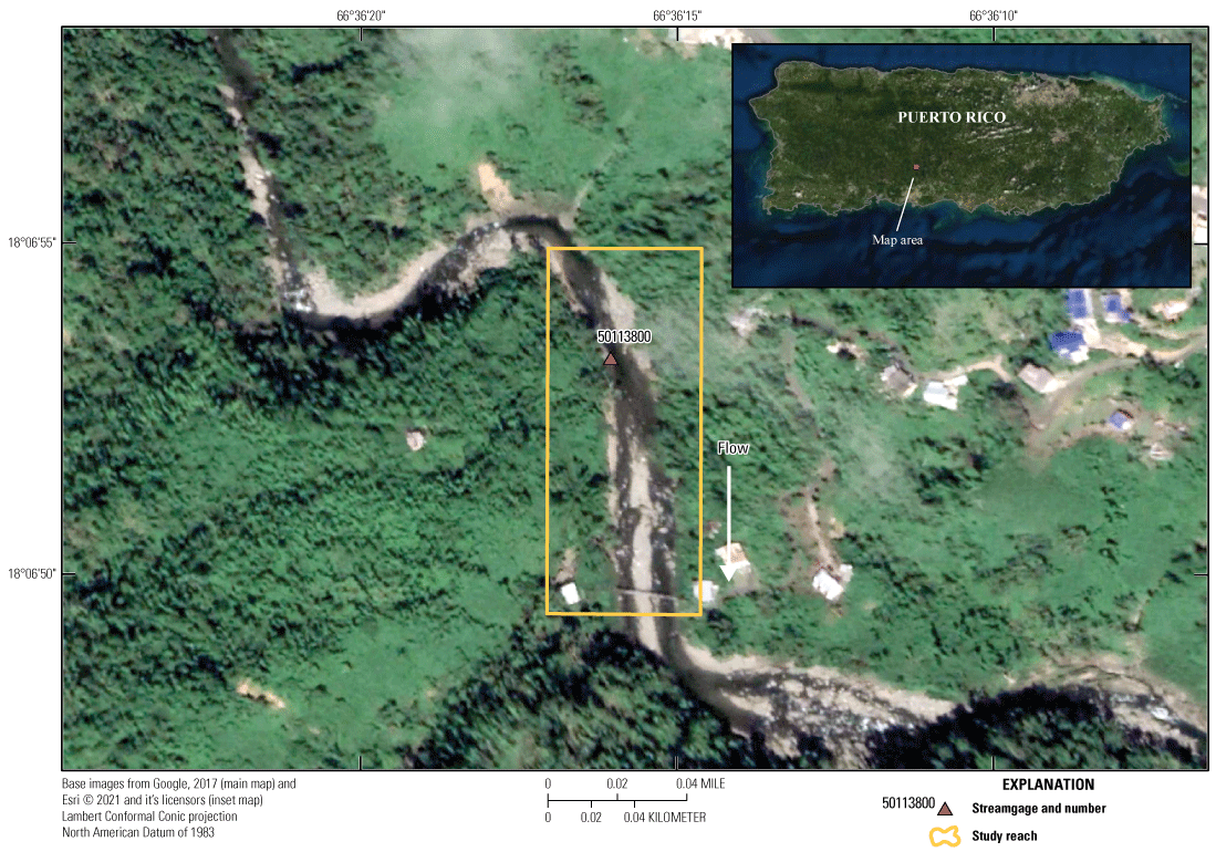 Figure 2.19. Aerial photo of study location for slope-area measurement at Río Cerrillos
                        above Lago Cerrillos near Ponce station.