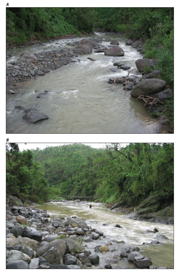 Figure 2.20. Photos of upstream and downstream conditions along study reach for Río
                        Cerrillos above Lago Cerrillos near Ponce station.