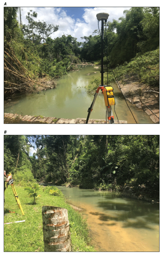 Figure 3.7. Photos of upstream and downstream views of study reach for Río Sabana
                        at Sabana station.