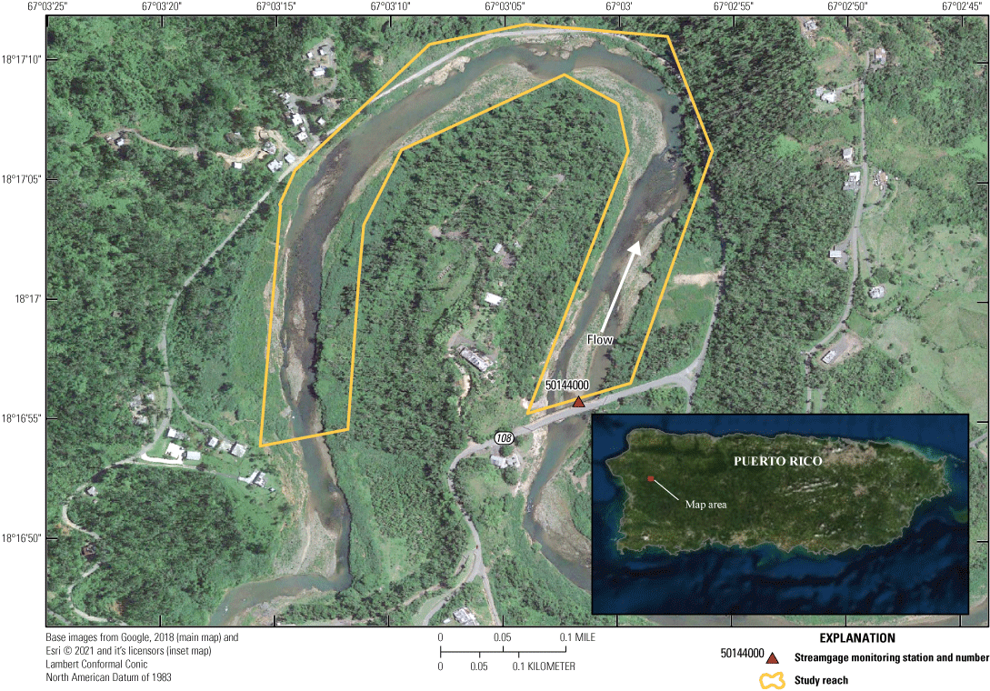 Figure 3.8. Aerial photo of study reach location used for step-backwater study at
                        Río Grande de Añasco near San Sebastián station.