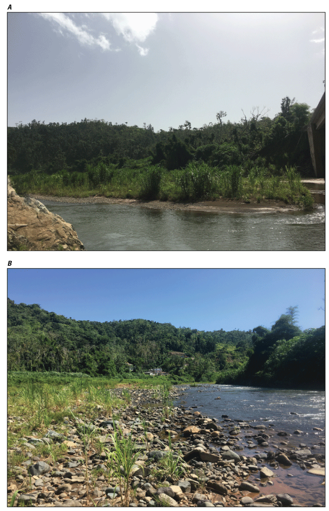 Figure 3.9. Photos of upstream and downstream views of study reach for Río Grande
                        de Añasco near San Sebastián station.