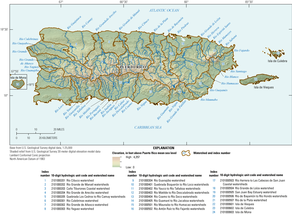 Figure 3. Map of watersheds of Puerto Rico and associated 10-digit hydrologic unit
                           codes.