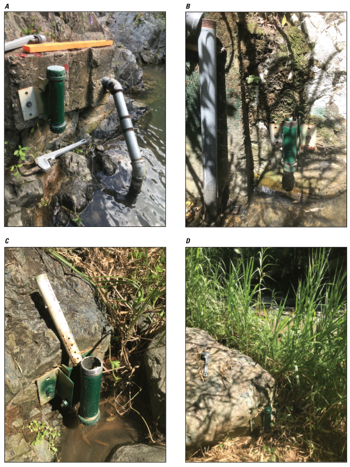 Figure 4.3. Photos of pressure transducers installed at continuous slope area locations
               at Río Marín near Patillas station.
