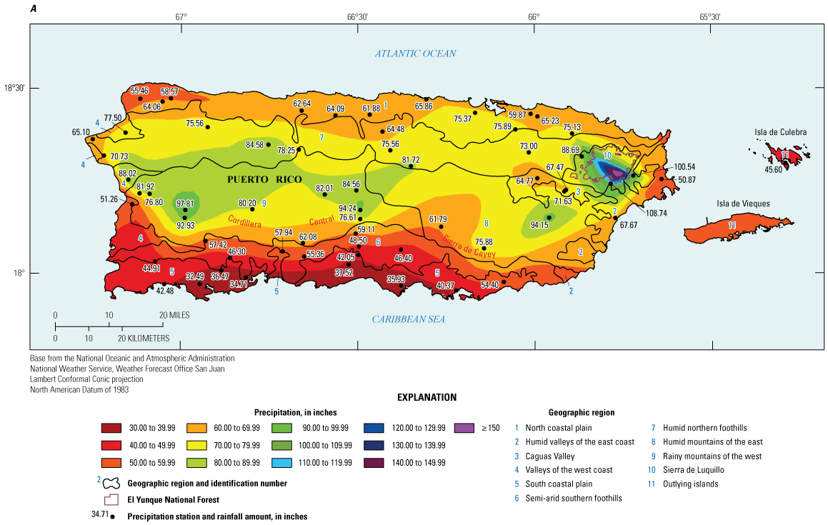 Figure 4. Map of mean annual precipitation for Puerto Rico from 1991 to 2020.
