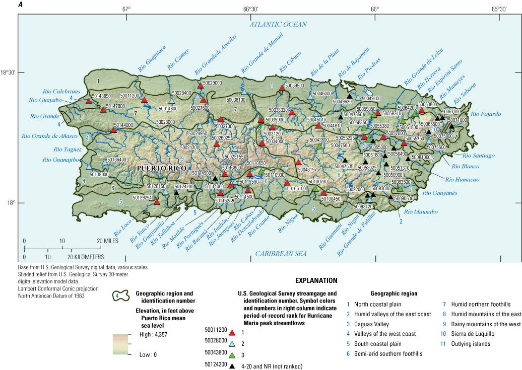 Figure 8. Map of 73 streamgage locations where the Hurricane Maria peak streamflow
                        also was the 2017 annual peak streamflow.