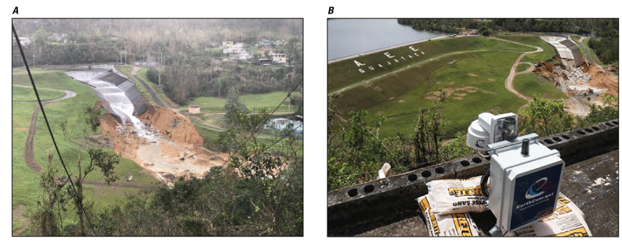 Figure 13.  Photos of area affected by flood and camera installed on rooftop near
                        Lago Guajataca Dam for monitoring erosion.