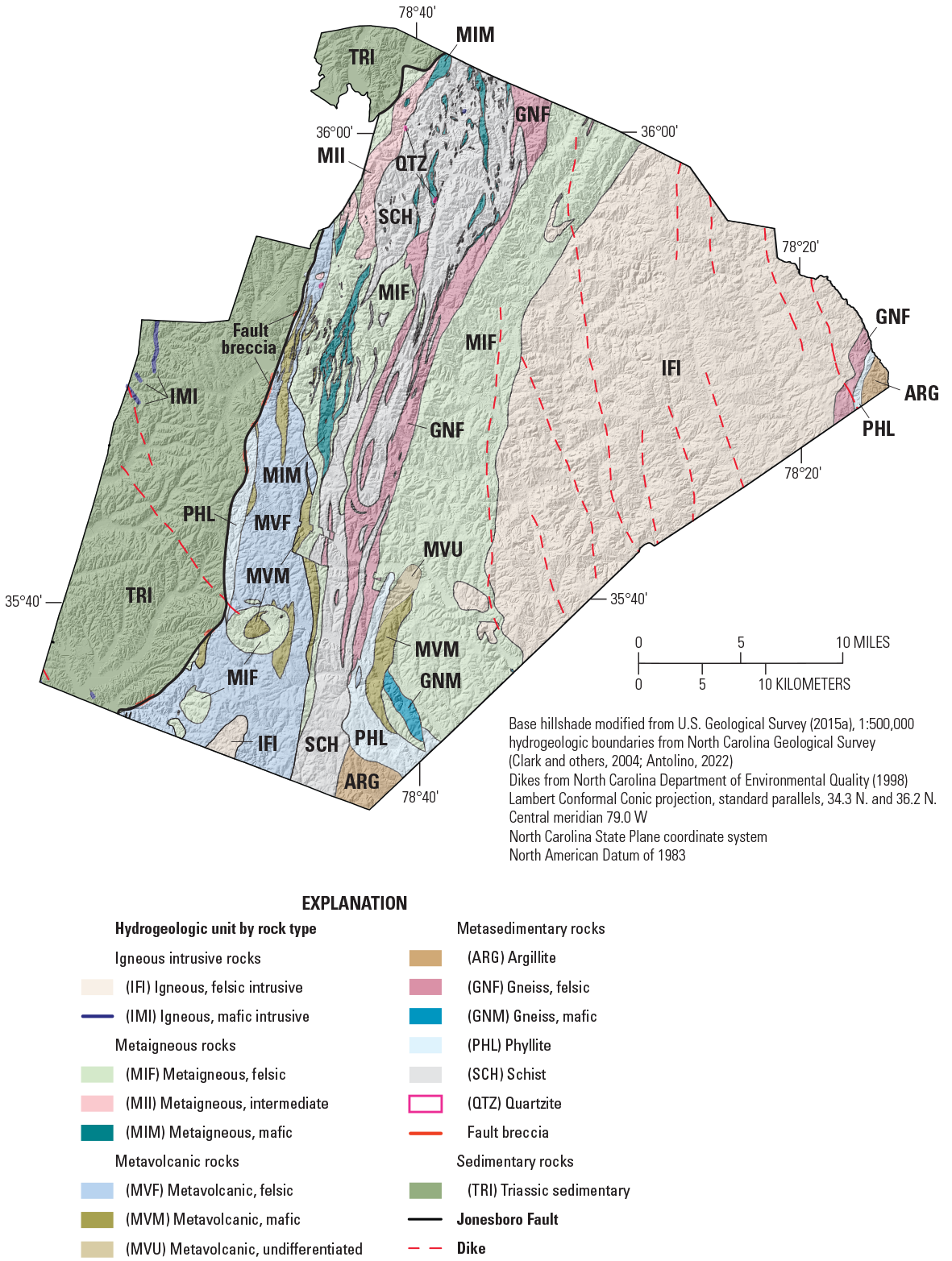 Map showing the hydrogeologic units by rock type, as well as locations of major faults
                     and dikes within Wake County.