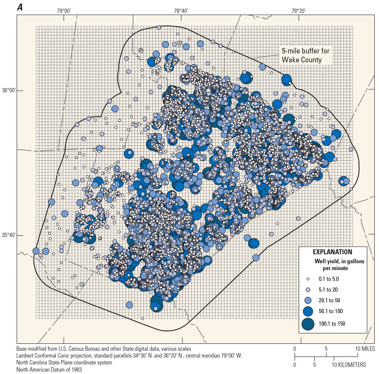 Grid used to reduce number of wells used to create well yield map of Wake County.