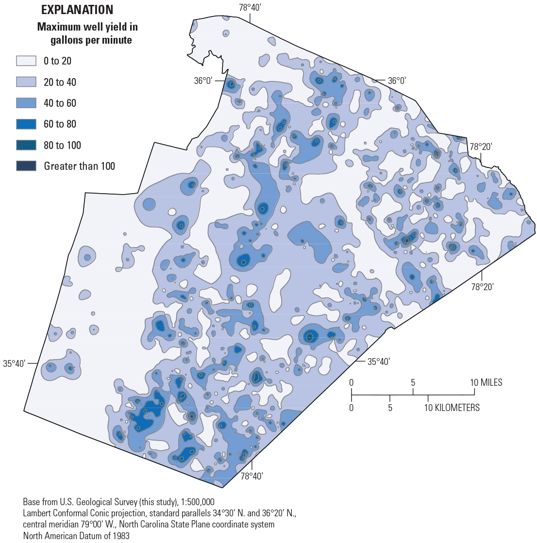 Map showing interpolated distribution of maximum well yield in Wake County.