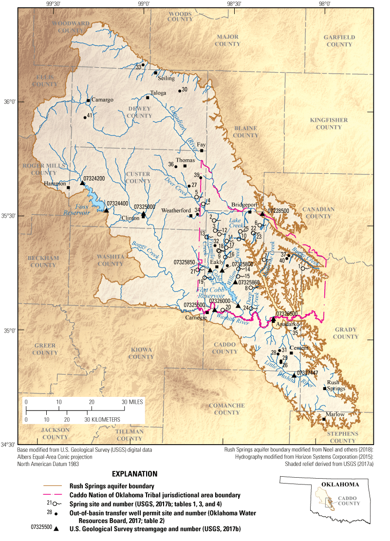 Figure 1. Map showing locations of springs, out-of-basin transfer well permit sites,
                     and USGS streamgages in the study area.