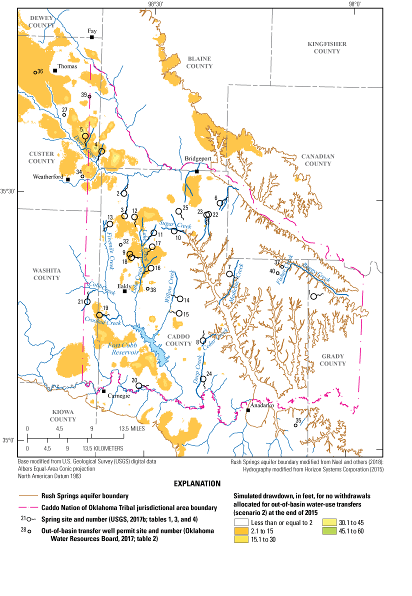 Figure 3. Map showing simulated drawdowns at the end of 2015 for scenario 2 in relation
                           to well and spring locations.