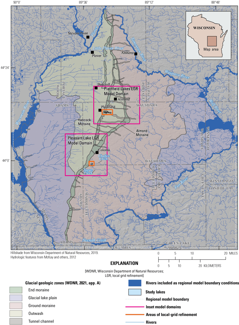 Glacial zones and areas referenced in the report are shown in assorted colors; map
                     area is near central Wisconsin.