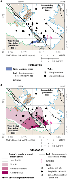 6. Well locations and age of groundwater in the study area shown on colored maps.