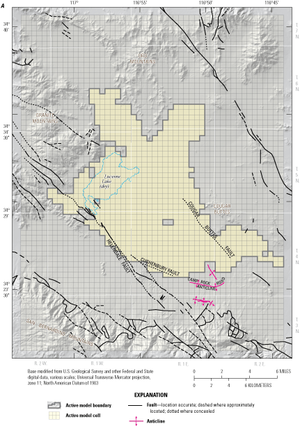 19. Lucerne Valley groundwater basin showing model grid location and model boundary
                        conditions