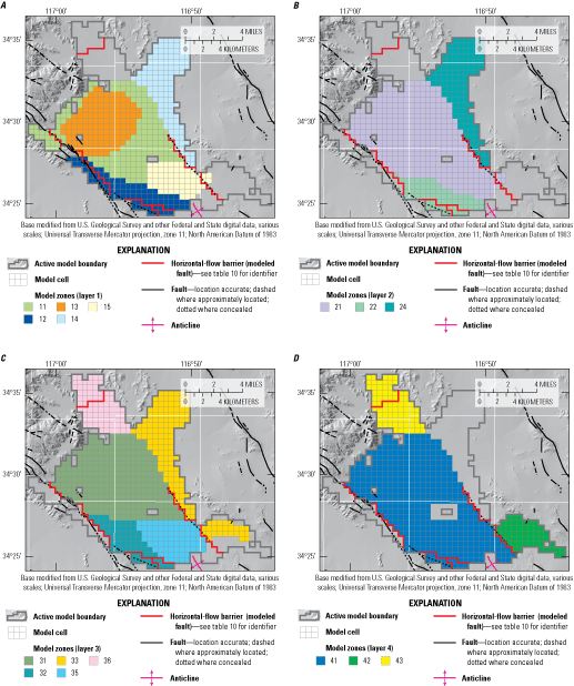 21. Zones of simulated hydraulic properties for the 4 layers of the Lucerne Valley
                        Hydrologic Model shown on colored maps.