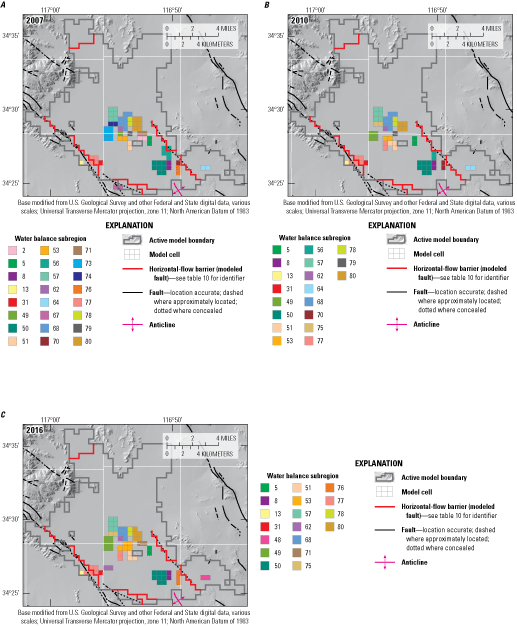 22. Lucerne Valley Hydrologic Model water-balance subregions for selected years, 2007,
                        2010, and 2016.