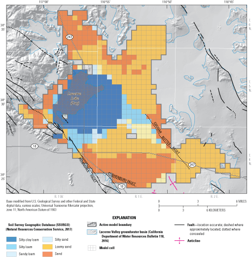 23. Soil texture zones for the Lucerne Valley Hydrologic Model shown on a colored
                           map.