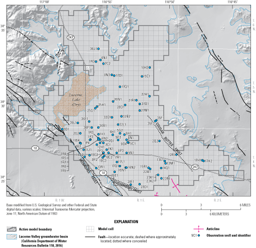 26. Locations of observation wells used for the transient-state calibration of the
                           Lucerne Valley Hydrologic Model shown on a map.