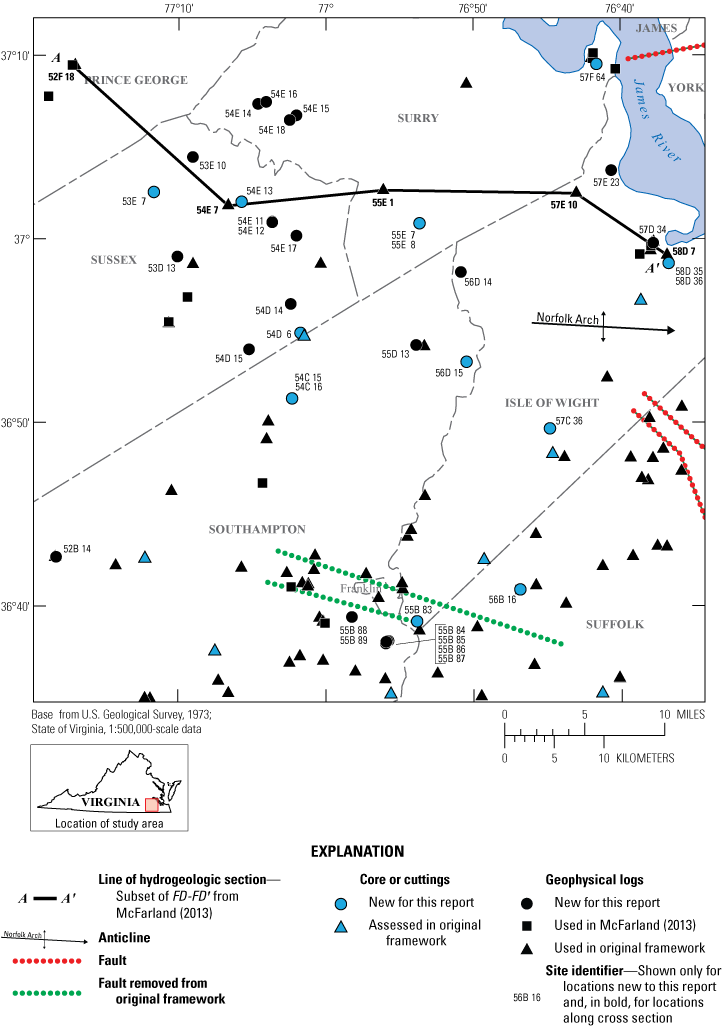 Locations of cores, cuttings, and geophysical logs dispersed across several counties
                        and cities in southern Virginia.