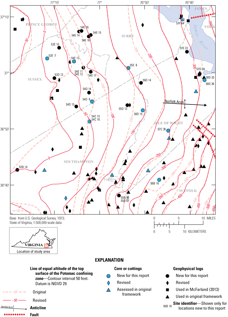 Potentiometric surface contours and locations of cores, cuttings, and geophysical
                           logs where the unit is present in cities and counties of southern Virginia.