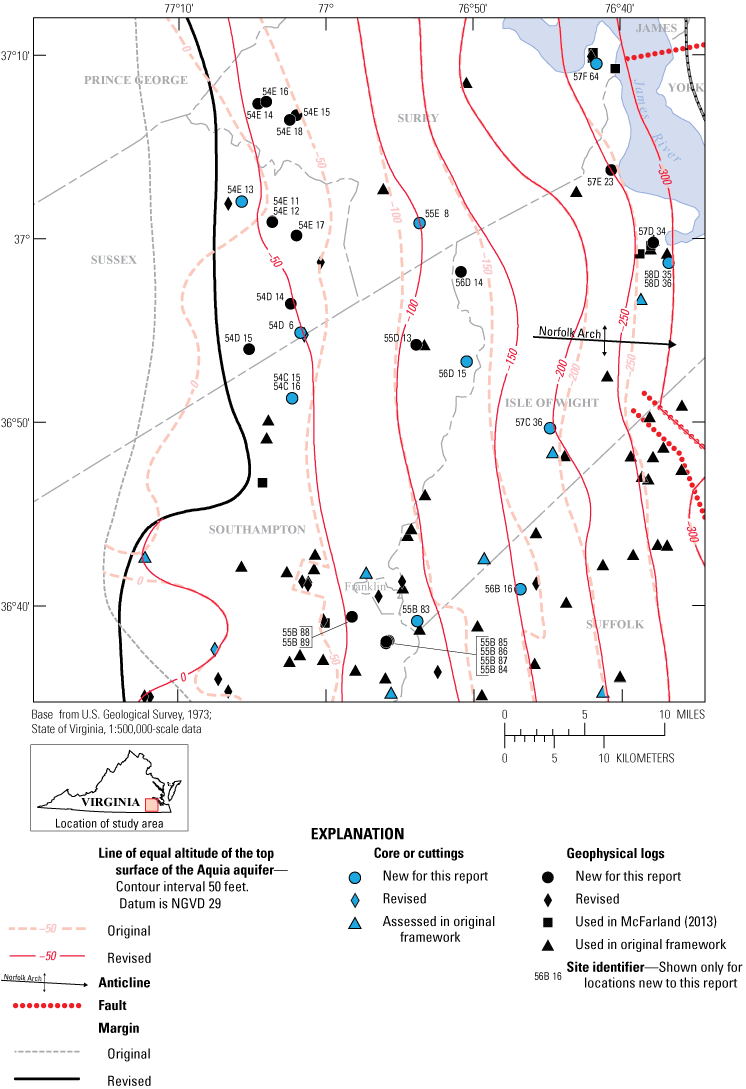 Potentiometric surface contours and locations of cores, cuttings, and geophysical
                           logs where the unit is present in cities and counties of southern Virginia.