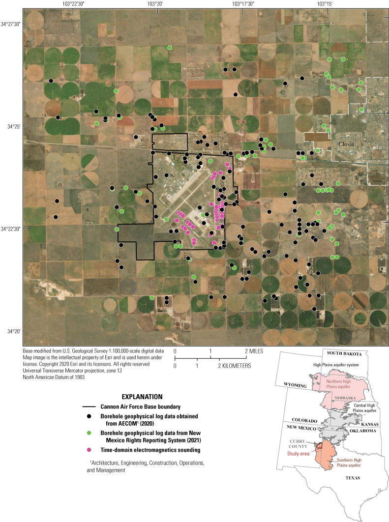 Figure 1. Map of all borehole and time-domain electromagnetic sounding locations at
                        and near Cannon Air Force Base.