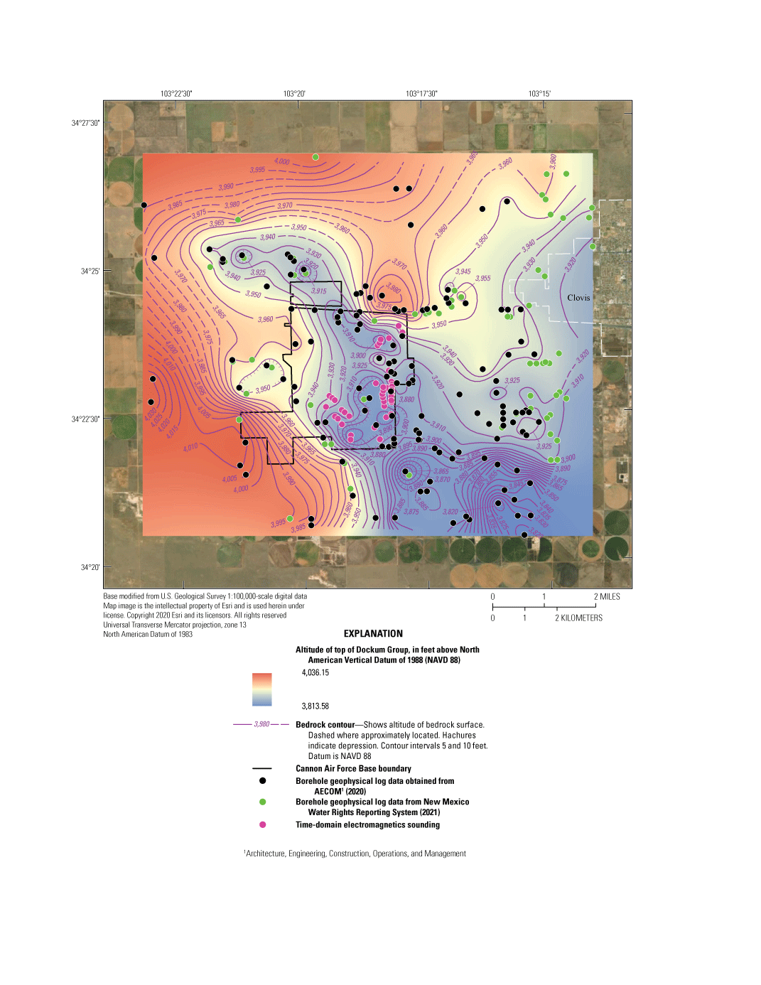 Figure 3. Map of borehole and T D E M sounding locations with interpreted top of Dockum
                     Group grid and bedrock contours.