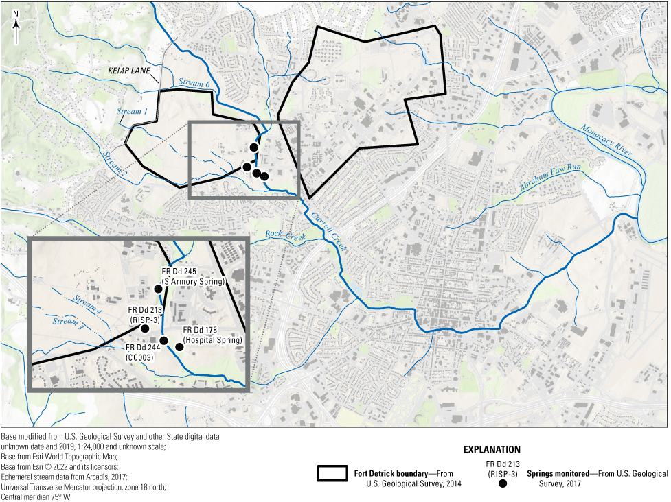 The springs studied are along the southeast edge of Area B. Stream 6 is to the north.
                        Stream 1 enters from the west, then transitions to Stream 3