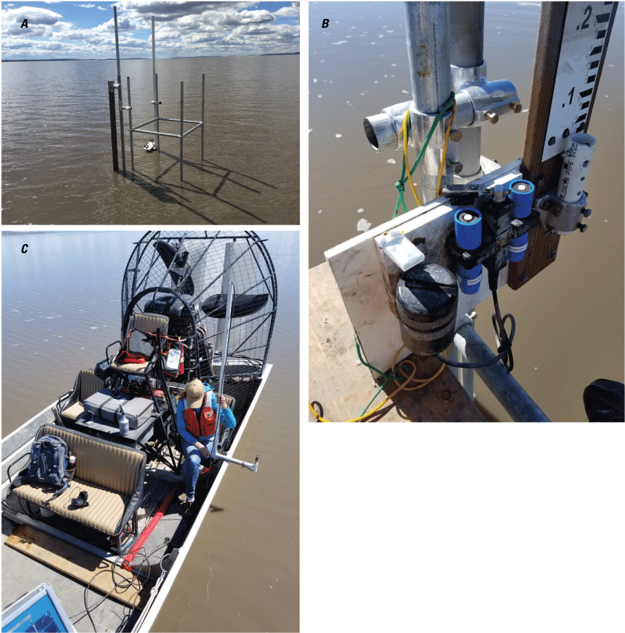 Photographs showing one of the scaffolding installations for lake data collection,
               Odyssey photosynthetically active radiation (PAR) sensors with Zebra-Tech wiper attached
               to moveable plate on scaffolding, and the LI-COR LI-192 quantum sensor attached to
               a hand-held frame marked with depth increments, used to collect PAR profiles, in Malheur
               Lake, Oregon.