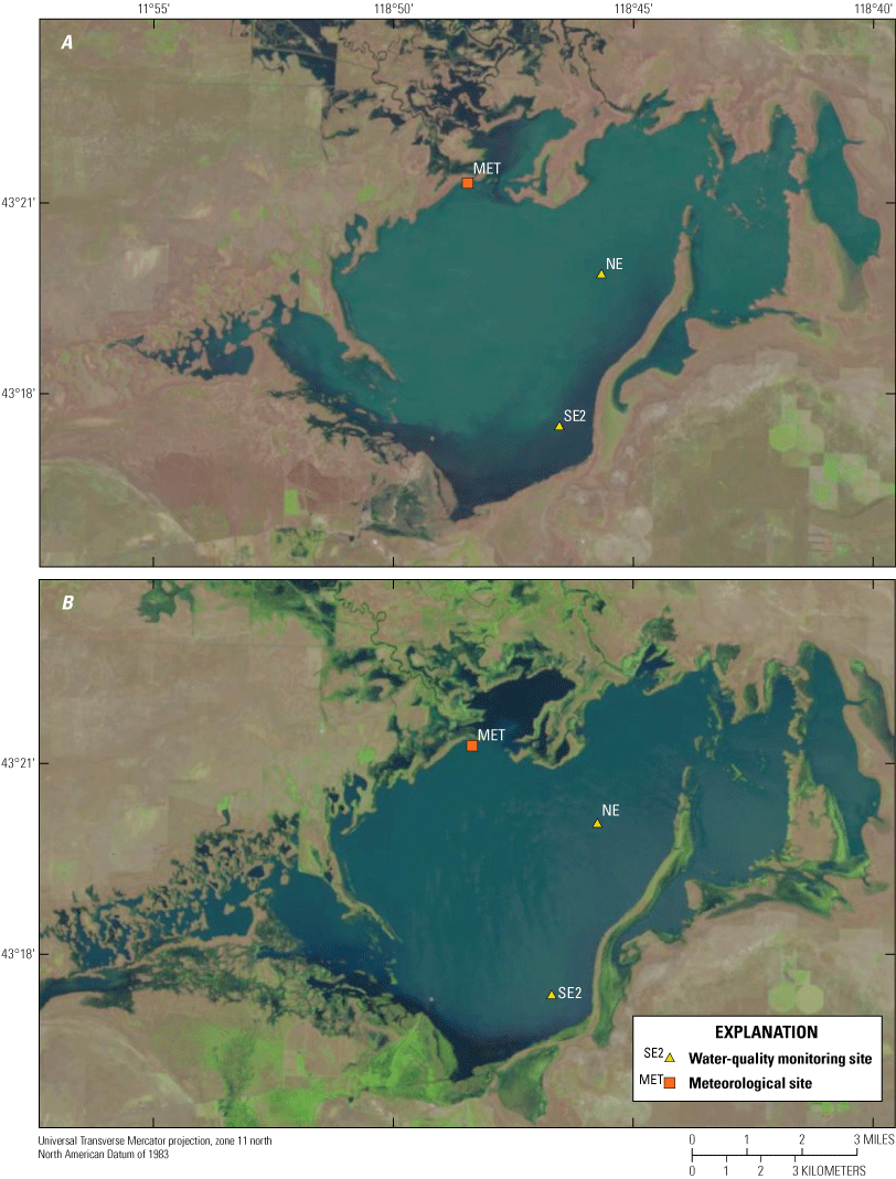 Landsat satellite images of Malheur Lake, Oregon, taken on April 26, 2019, showing
                           clearer water flowing from the Blitzen River to the southeast sampling site, and June
                           29, 2019, showing that the water in the lake has homogenized and that water at the
                           southeast site is visually indistinguishable from water at the northeast site.