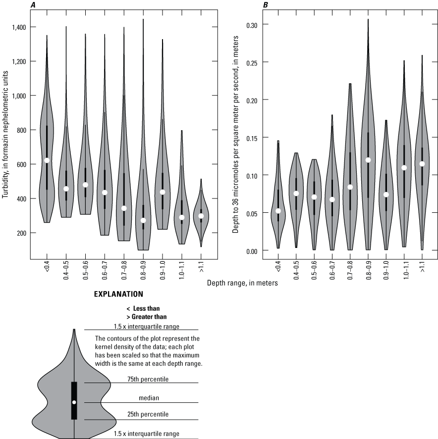 Violin plots of turbidity and depth of light attenuation to 36 micromoles photons
                     per square meter per second, aggregated by 0.1-meter increments of water depth, Malheur
                     Lake, Oregon, 2017–19.