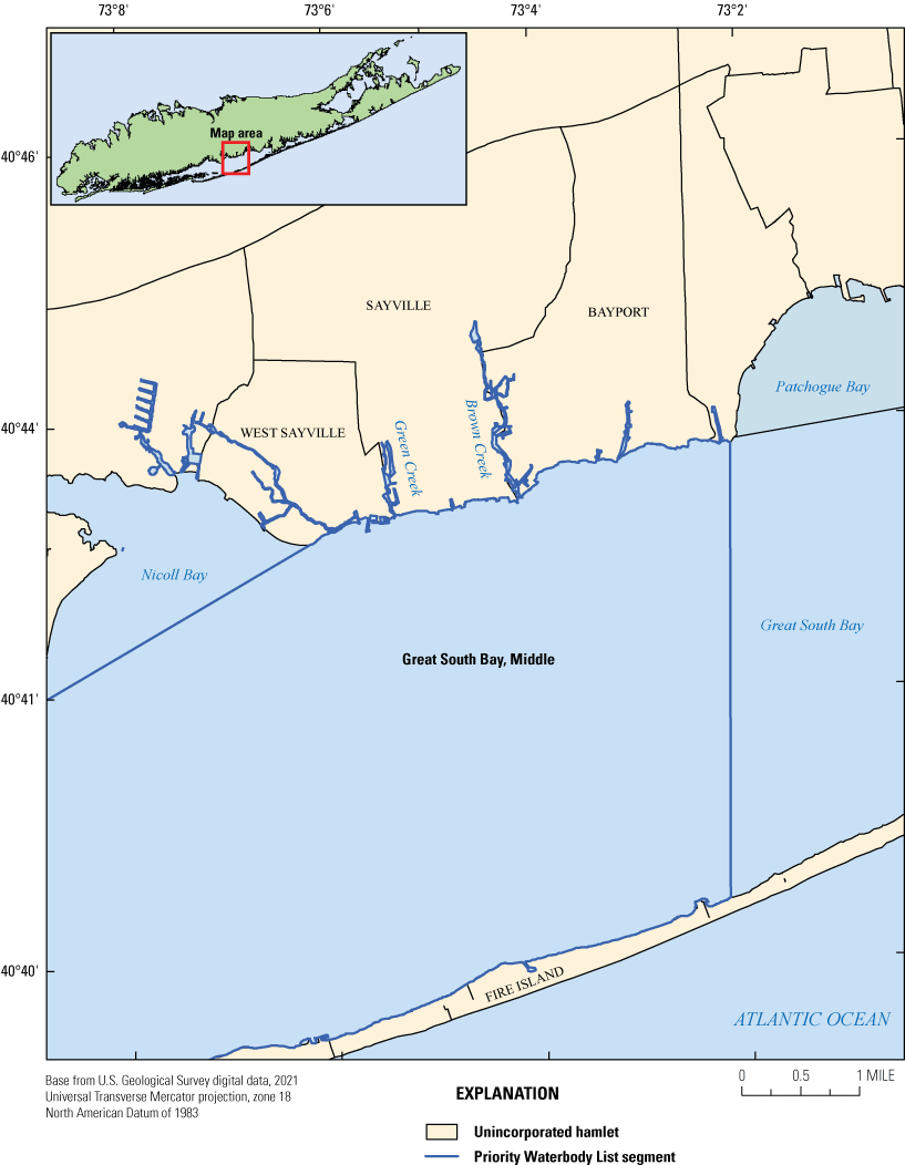 Outline of the Great South Bay Priority Waterbody List segments.