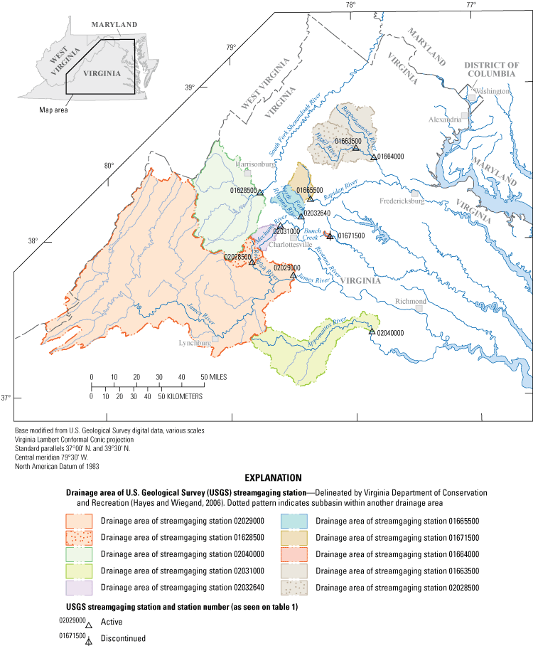 Drainage basins of various size located in northern and central Virginia. 