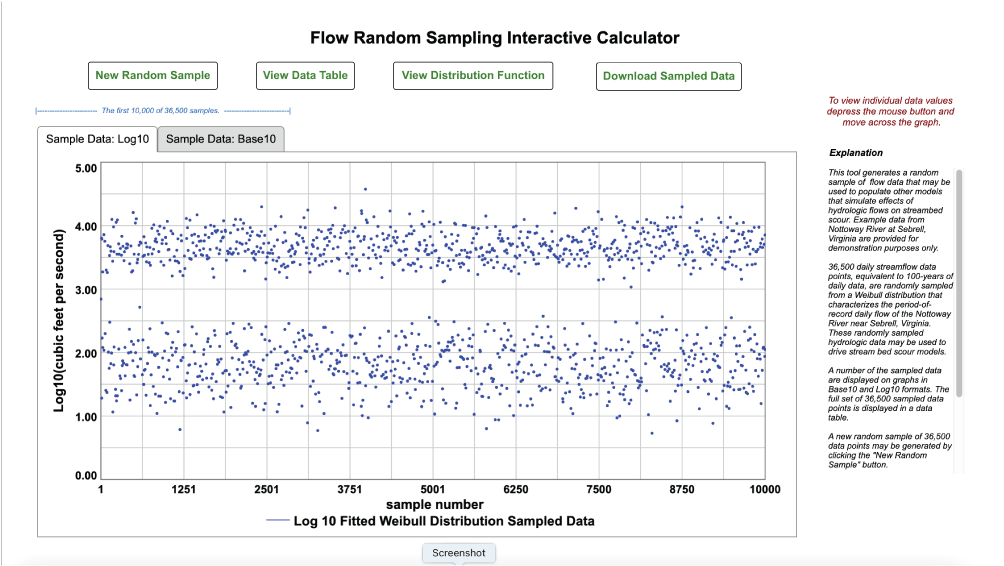 A screen image illustrating generation of a random sample of flow data for use in
                           populating other models simulating effects of hydrologic flow on streambed scour.