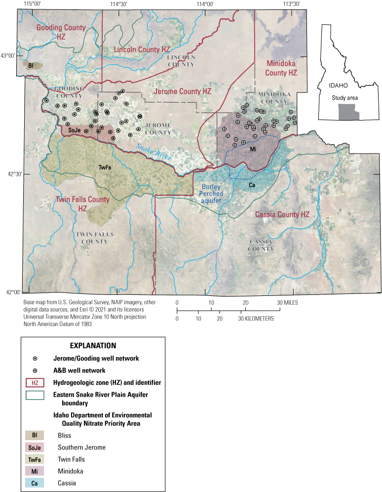 Map showing location of study area, hydrogeologic zones, and two well networks in
                     Cassia, Gooding, Jerome, Lincoln, Minidoka, and Twin Falls Counties in south-central
                     Idaho, referred to as the “Mid-Snake” area.