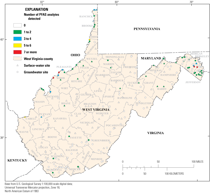Map showing the number of per- and polyfluoroalkyl substances (PFAS) analytes detected
                        at each.