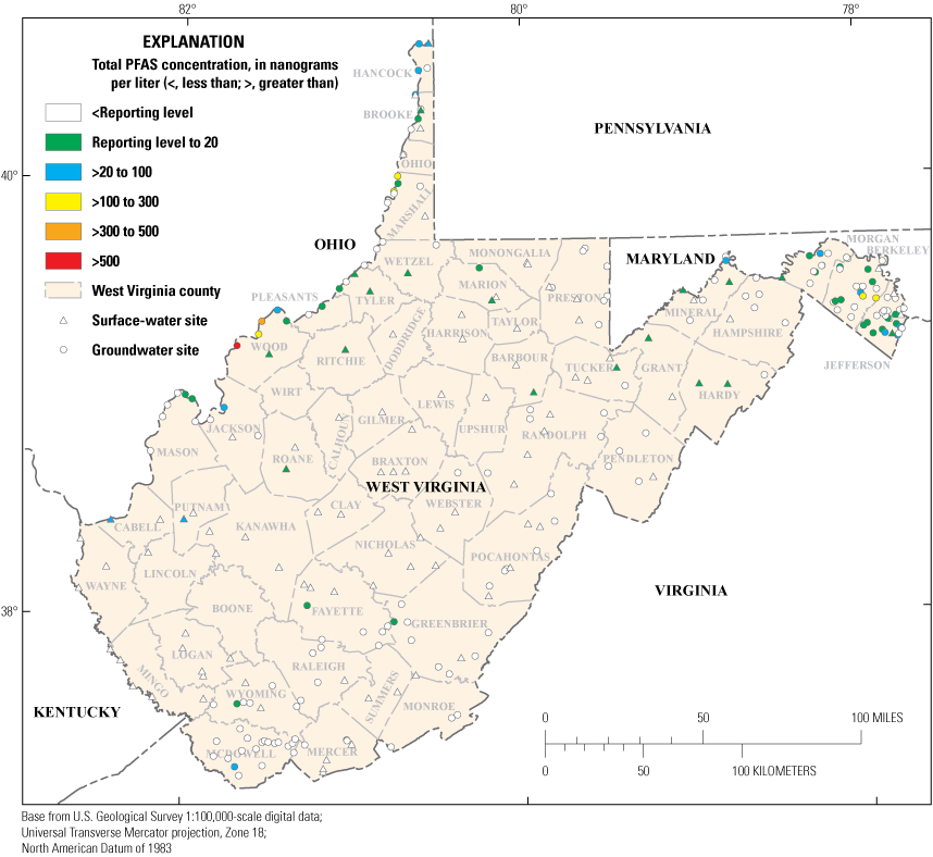 Map with squares that denote surface water sites and circles that denote groundwater
                        sites with different colors that represent total per- and polyfluoroalkyl substances
                        (PFAS) concentrations across West Virginia.