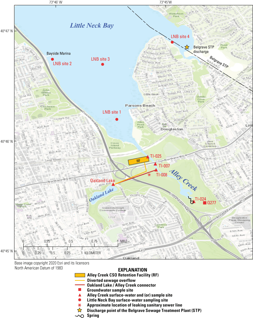 Color map of Little Neck Bay, Alley Creek, and Oakland Lake with sampling sites depicted
                     by symbols that represent the type of samples collected at each site.