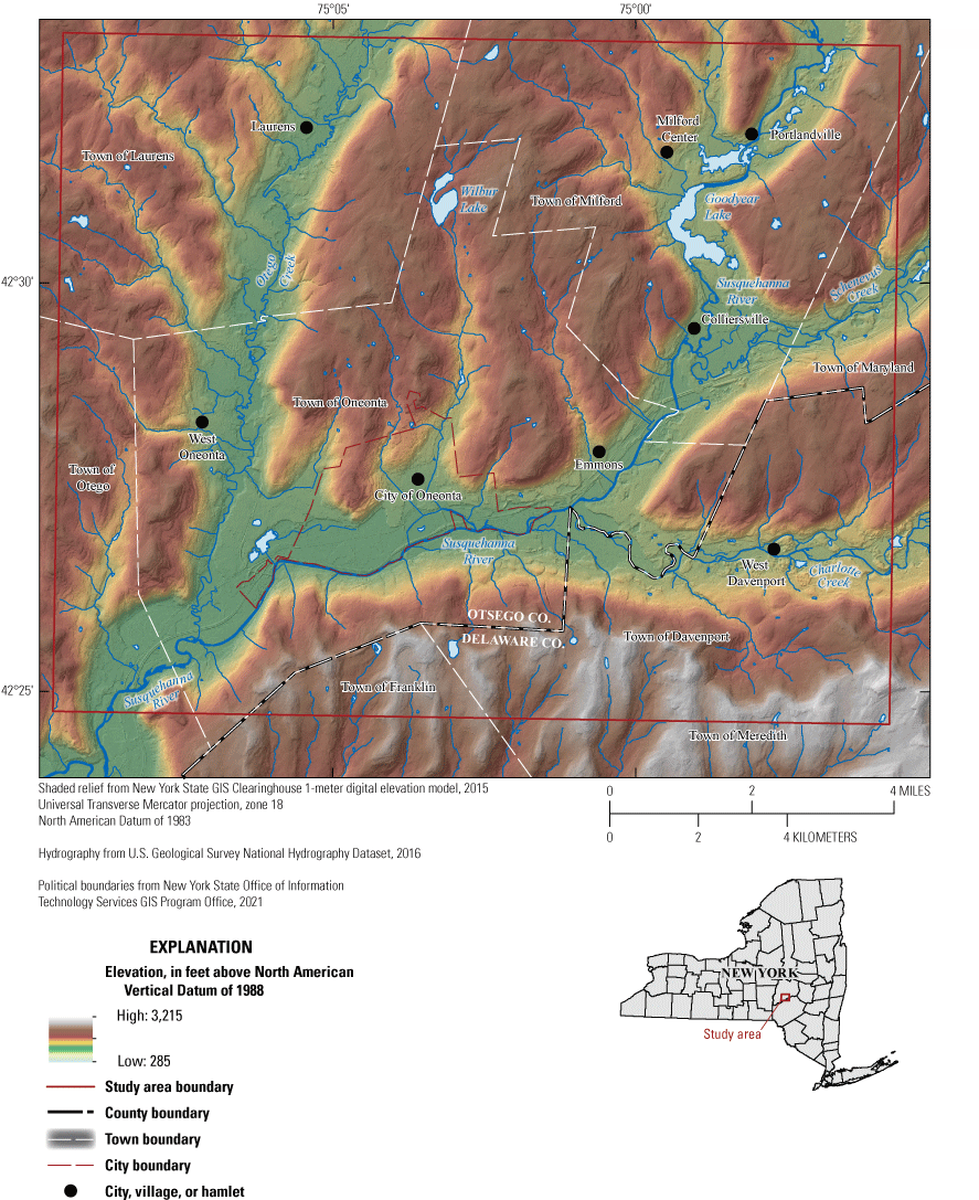 Elevations from 285 to 3,215 feet above North American Vertical Datum of 1988. Roughly
                        three-fourths of the study area is in Otsego County. 