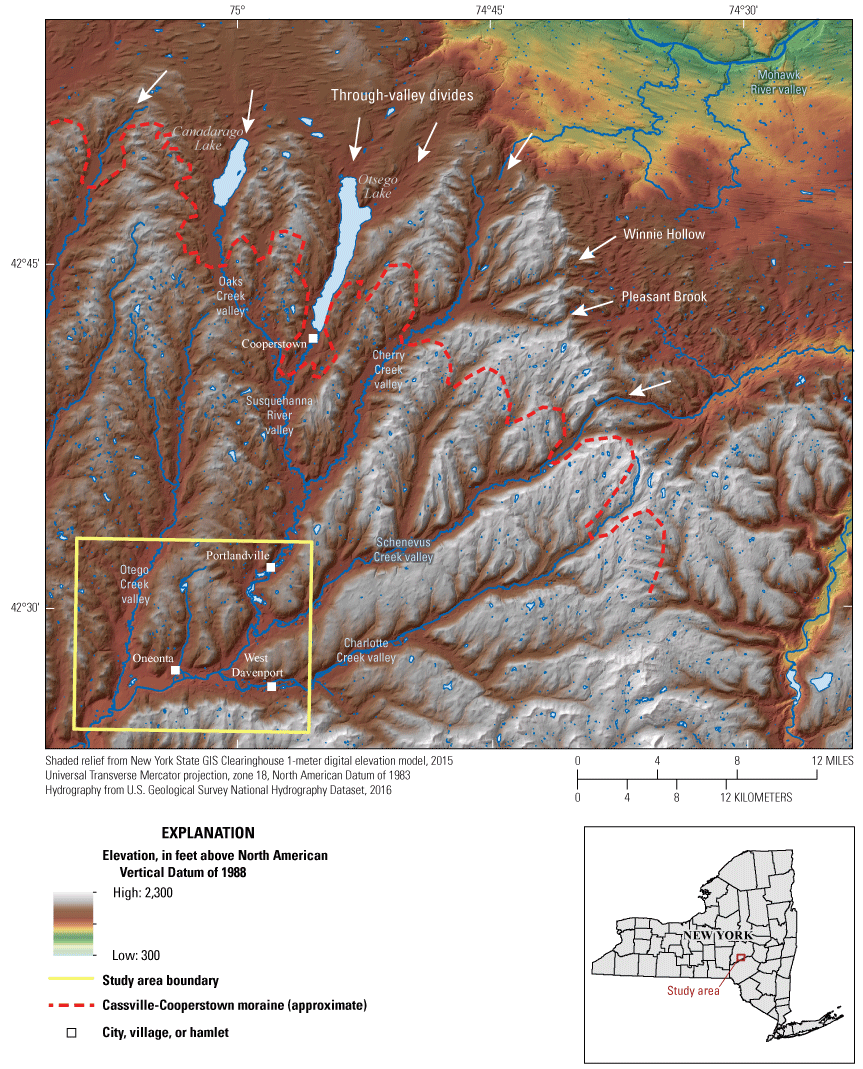 Cassville-Cooperstown moraine is north and northeast of study area. Elevations from
                           300 to 2,300 feet above North American Vertical Datum of 1988. 