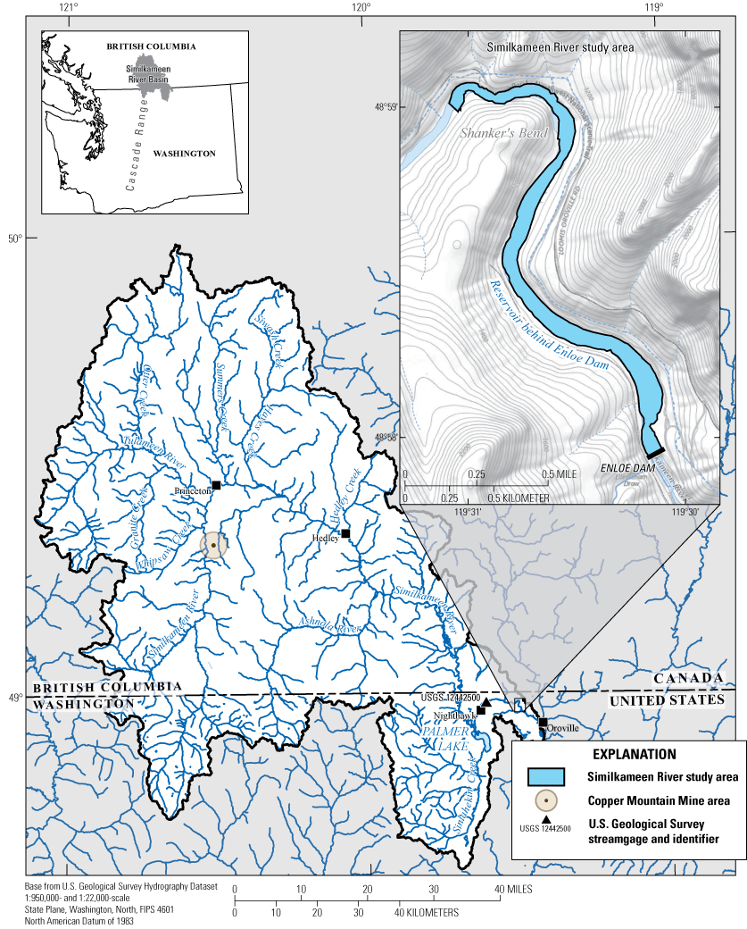 Map showing study area in the lower Similkameen River upstream from Enloe Dam (Enloe
                     Reservoir) near Oroville within the Similkameen River Basin in British Columbia, Canada,
                     and Washington State.